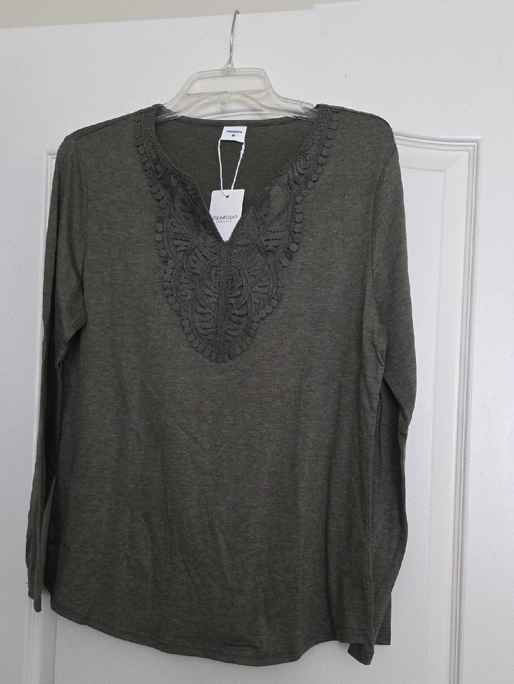 Embroidered V-Neck Long Sleeve Top in Olive